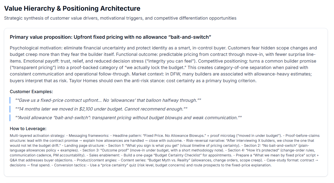 AI review analysis grouping scraped customer feedback into recurring themes, pain points, value drivers, and buying anxieties so agencies can lift real customer language into SEO copy, ad headlines, and landing-page messaging